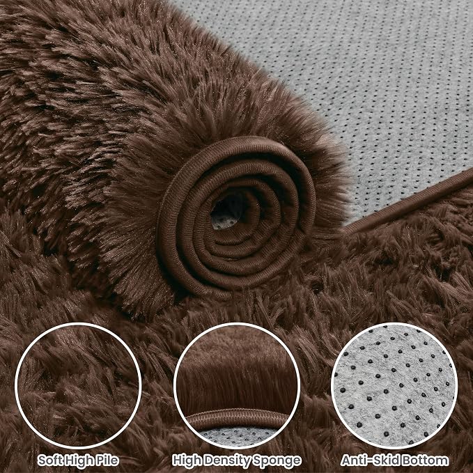 6x9 Fluffy Shag Area Rugs for Living Room Bedroom: Soft Plush Carpet Brown | - Image 6