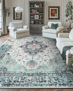 RELEANY Washable Area Rug, Large 10'x14', Teal Green/White/Navy | Non-Slip - Image 2