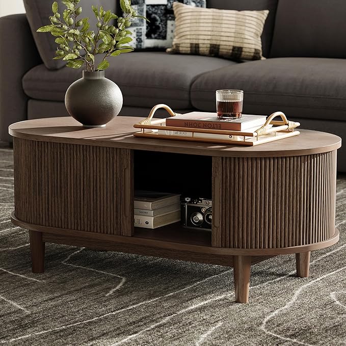 LINSY HOME Oval Coffee Table, Wood Coffee Table - Image 2