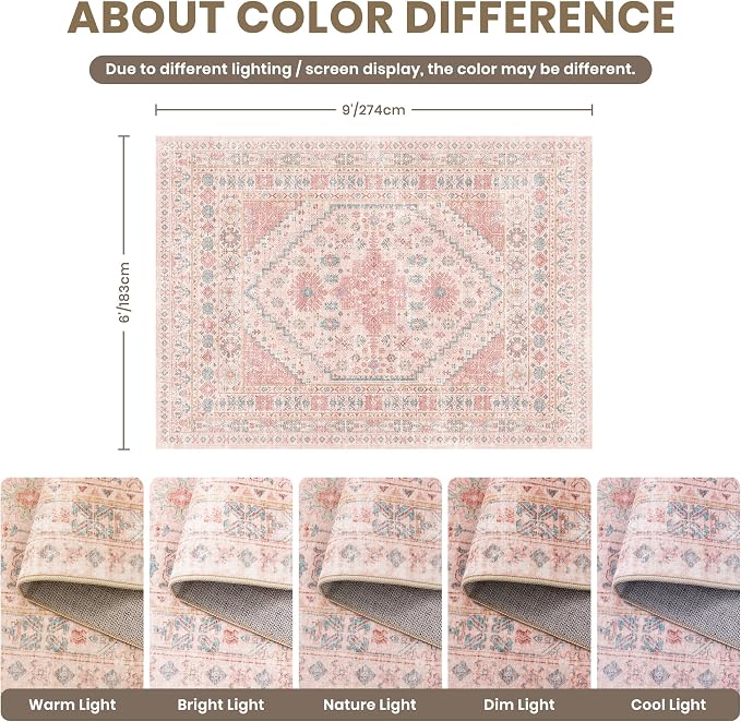 Pink Rugs for Bedroom-6x9 Area Rugs for Living Room, Girls Room | Washable Rugs - Image 2