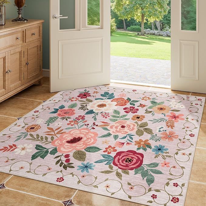 DUKINO 4x4 Square Area Rug, Soft Floral Washable Rug - Image 4