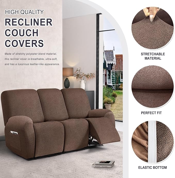 ANARACHON Leather Look Recliner Couch Cover, 8-Pieces Stretch Recliner Sofa - Image 5