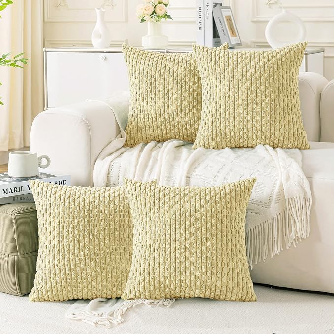 Set of 4 Pale Yellow Decorative Throw Pillow Covers 18x18 Inch Corduroy Pillow by Cozoomy