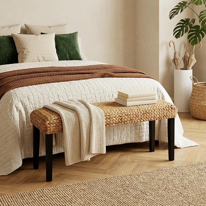 Entryway Bench with Solid Wood Acacia, Water Hyacinth Indoor Bench Seat - Image 9