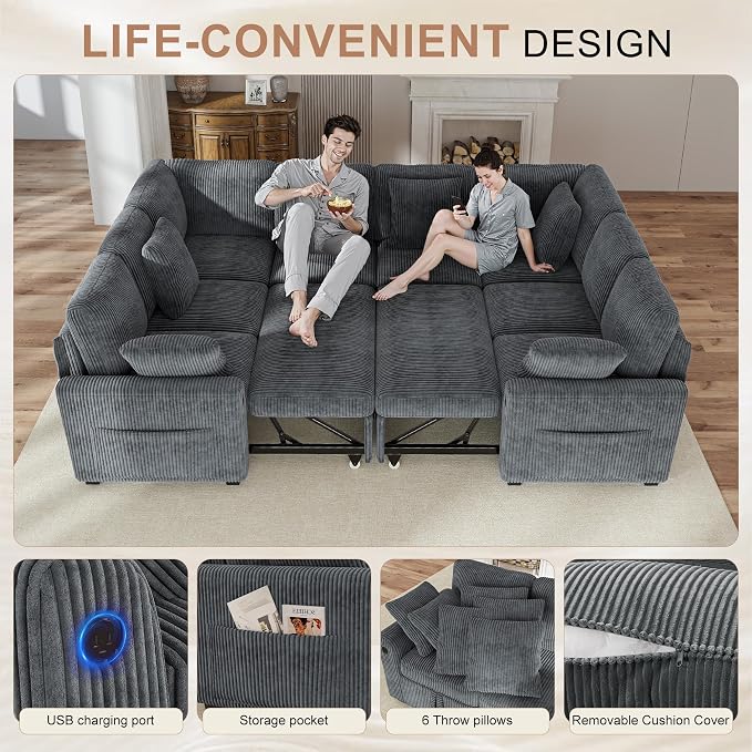 Hanherry Sectional Sofa with Pull Out Couch Bed, 8 Seat Corduroy Sleeper Sofa - Image 6