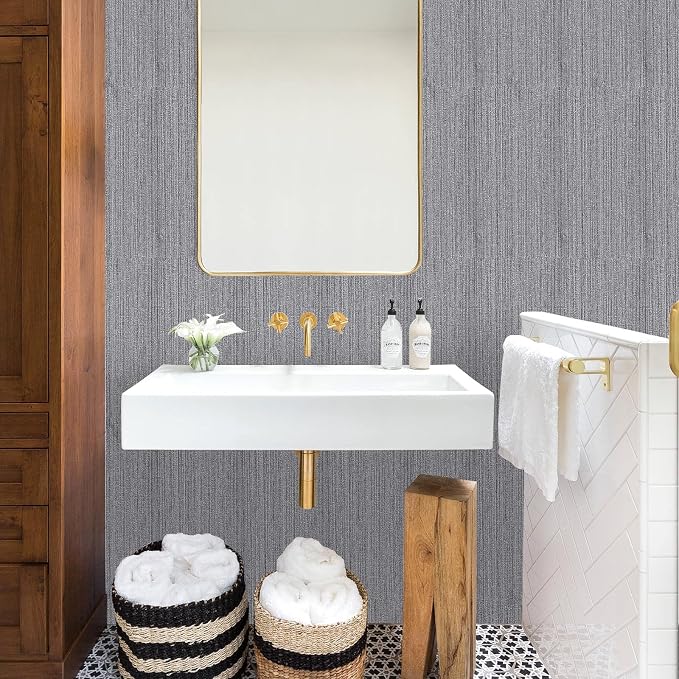 Grey Grasscloth Peel and Stick Wallpaper Faux Linen Textured Self Adhesive - Image 4