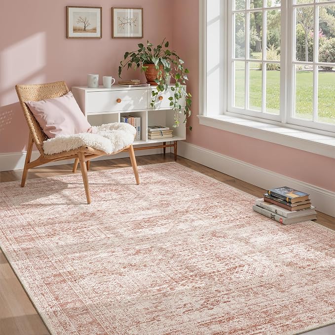 Soalmost 5x7 Area Rugs Pink Low Pile Washable Trendy Faded Style Rug | Vintage - Image 2