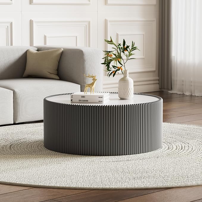 SSLine Round Drum Coffee Table Modern Sintered Stone Top Coffee Table in Grey by SSLine