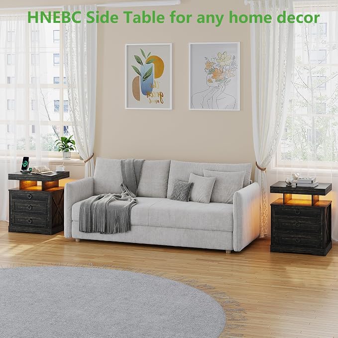 HNEBC Nightstand with Gun Drawers, LED Farmhouse Night Stand with Charging - Image 9
