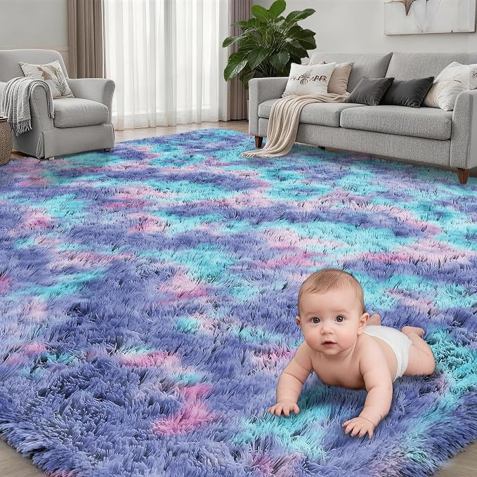 Area Rug Living Room Bedroom: 6x9 Fluffy Plush Shag Carpet Rainbow | - Image 2