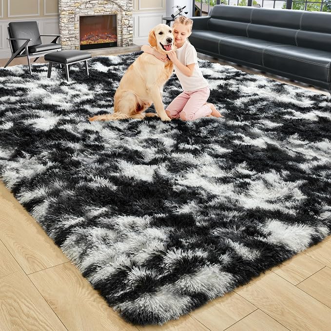 8x10 Extra Large Tie-Dyed Black and White Fluffy Area Rug Non-Slip - Image 9