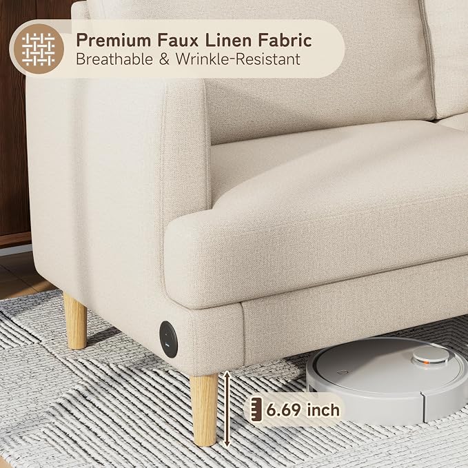 70" Modern Loveseat Sofa with USB Type-C Ports, Linen Fabric 2-Seater Deep Seat - Image 3