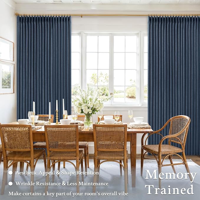 100% Black Out Pinch Pleated Linen Boho Curtains Navy Blue 80 Inch Length | - Image 4