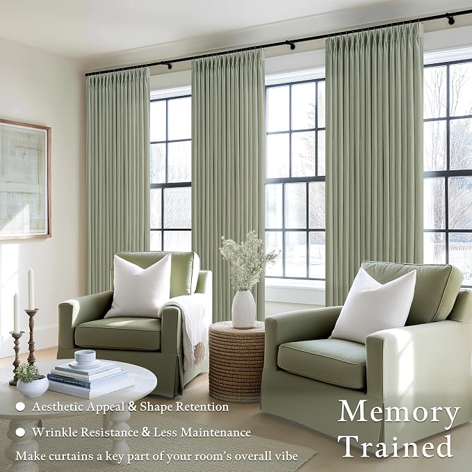 108 Inch Pinch Pleated Light Filtering Linen Memory Trained Green Curtains | - Image 2