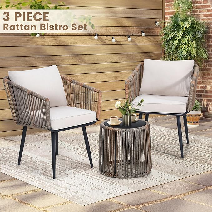 Kromax 3 Pieces Patio Rattan Bistro Conversation Set, Outdoor All-Weather - Image 2