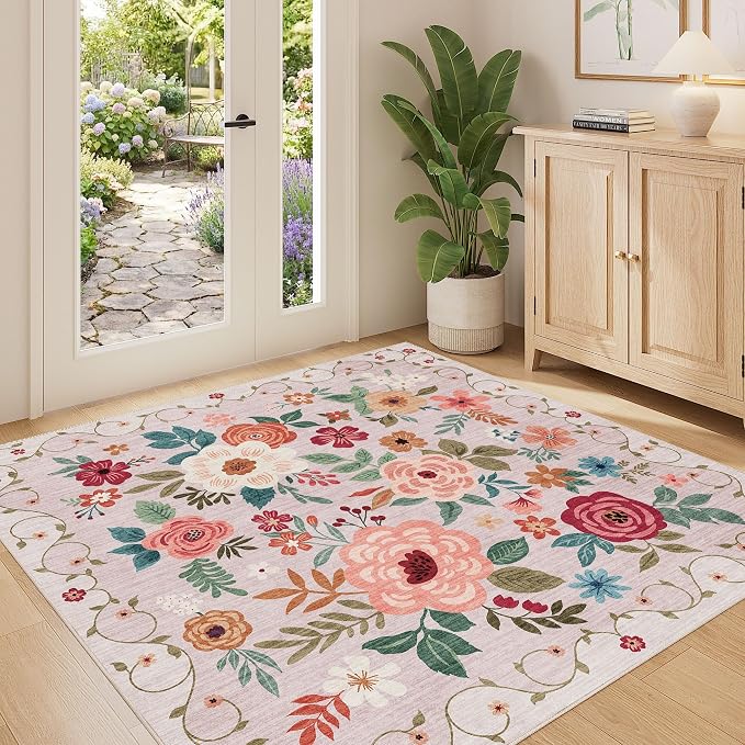 DUKINO 4x4 Square Area Rug, Soft Floral Washable Rug by DUKINO