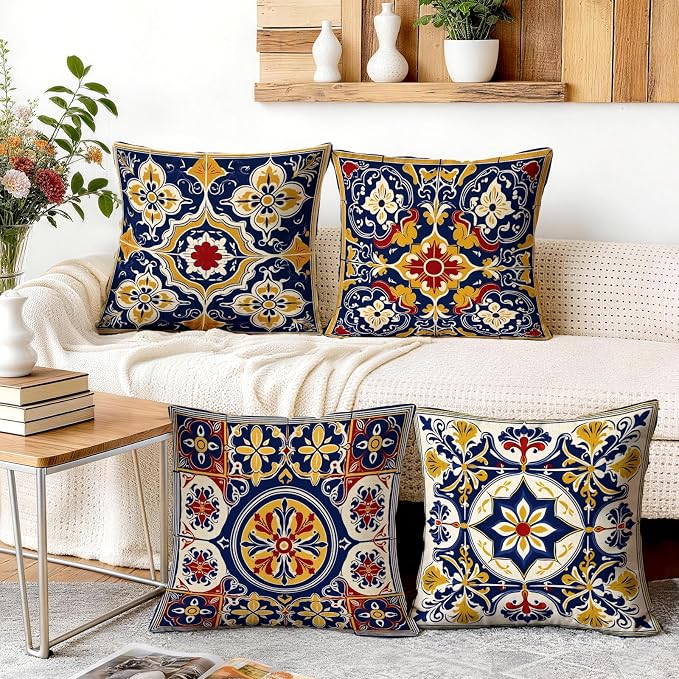 OBSEDE Throw Pillow Covers Set of 4, 18x18 Inch Blue and Yellow Mediterranean - Image 5