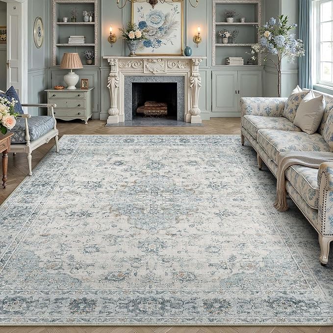 8x10 Light Blue Retro Floral Washable Area Rug by HUGEAR