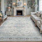 9x12 Light Blue Retro Floral Washable Area Rug by HUGEAR