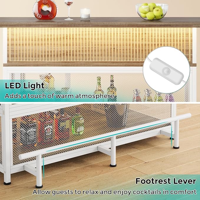 L-Shaped Home Bar Unit with Wine Glasses Holder and LED Light, Modern Bar Table - Image 8