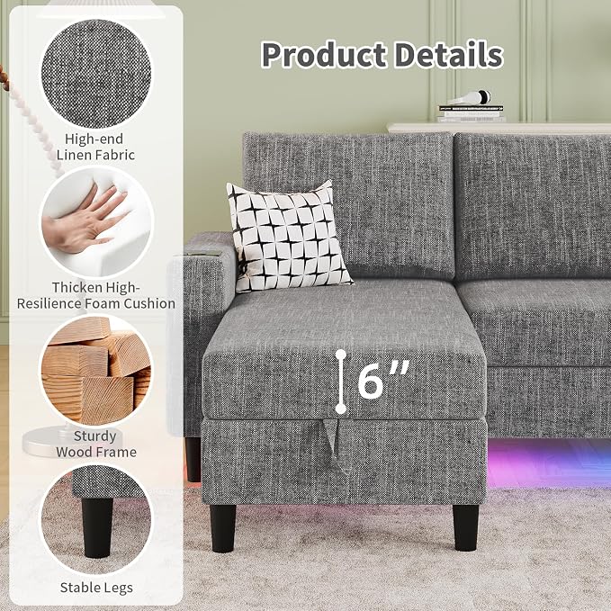 Sectional Couches for Living Room, 6-Seats Soft Linen Fabric Sectional Sofa - Image 6