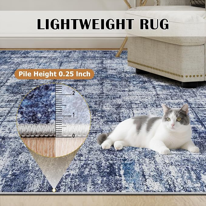 10x14 Washable Area Rug for Living Room Bedroom: Non-Slip Modern Navy Blue | - Image 6