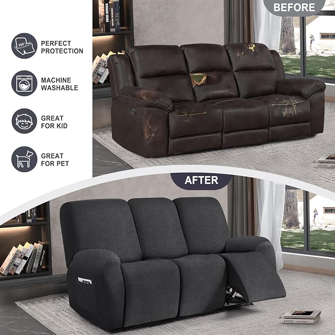 ANARACHON Leather Look Recliner Couch Cover, 8-Pieces Stretch Recliner Sofa - Image 6