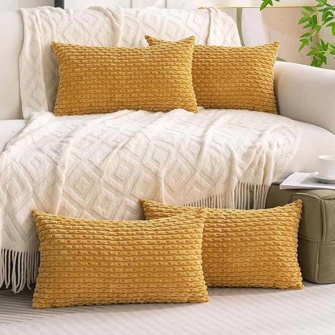 Set of 4 Mustard Yellow Decorative Throw Pillow Covers 12x20 Inch Corduroy - Image 9