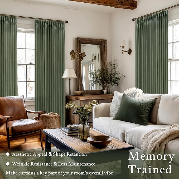 Green Linen Pinch Pleated Semi Sheer Curtains - Image 2