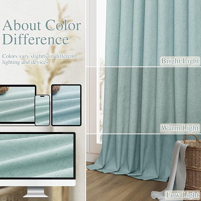 Light Blue 100% Blackout Linen Curtains 96 Inch Length 2 Panels Set - Image 7