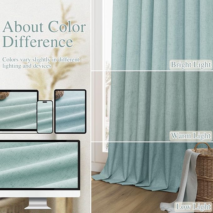Light Blue 100% Blackout Linen Curtains 108 Inch Length 2 Panels Set - Image 7