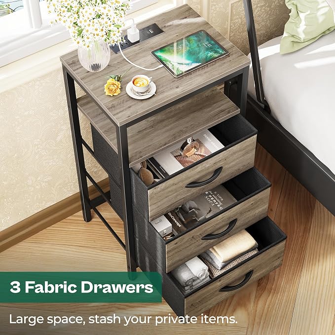 Huuger Nightstand with Charging Station, 27.6 Inch End Table Bedside Table with - Image 5