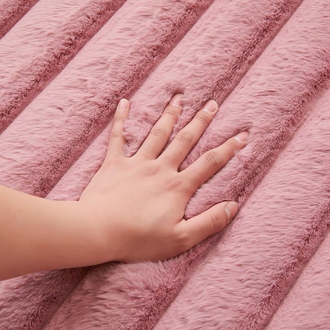 Dusty Rose Rabbit Striped Plush Rug 4'x6', Fluffy Faux Fur Shaggy Area Rug - Image 6