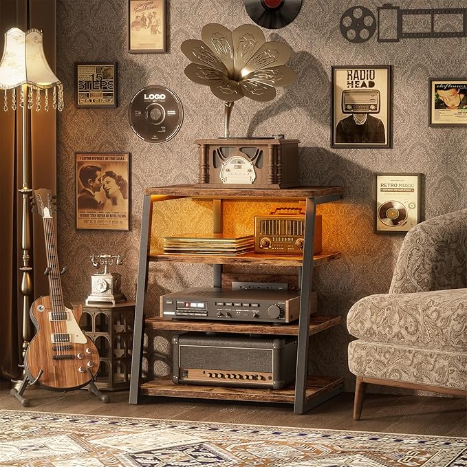AV Media Stand with Outlets, Stereo Stands and Racks with Vinyl Storage - Image 2