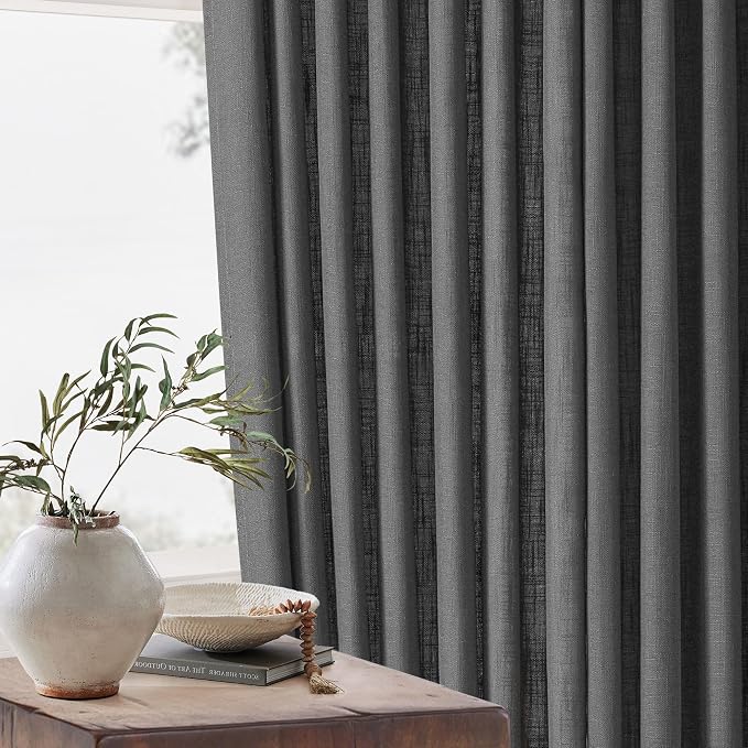 Charcoal Grey Pleated Linen Semi Sheer Curtains 45 Inch Length 2 Panels | - Image 6