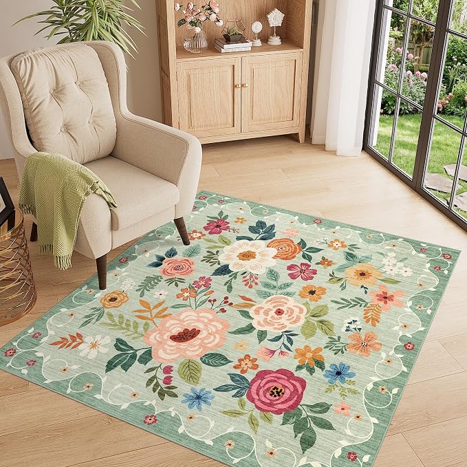 DUKINO 4x4 Square Area Rug, Soft Floral Washable Rug - Image 7