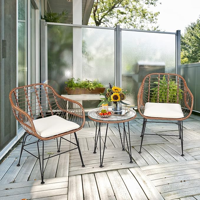 Tangkula 3 Pieces Patio Conversation Bistro Set, Outdoor Wicker Furniture - Image 2