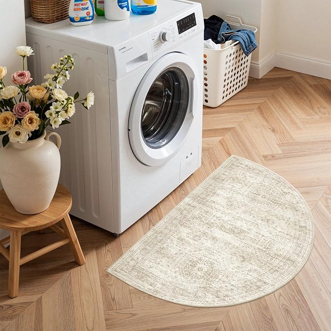 Soalmost Washable Half Circle Round Rug 2x3 Beige Small Half Moon Rug Entry | - Image 3
