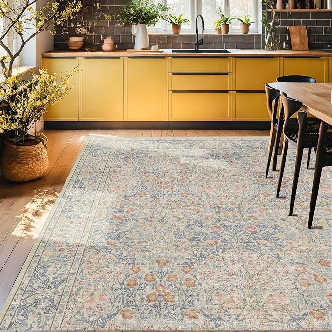 Vintage Washable Beige Blue 10x12 Rug - Image 7