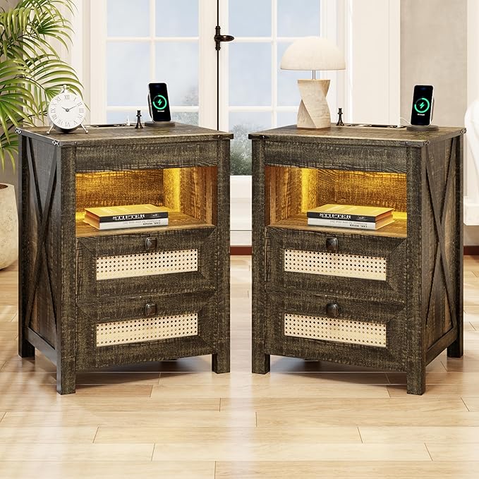 Night Stand Set 2 with Gun Drawer, Bedside Table with Charging Station by ACTKISS