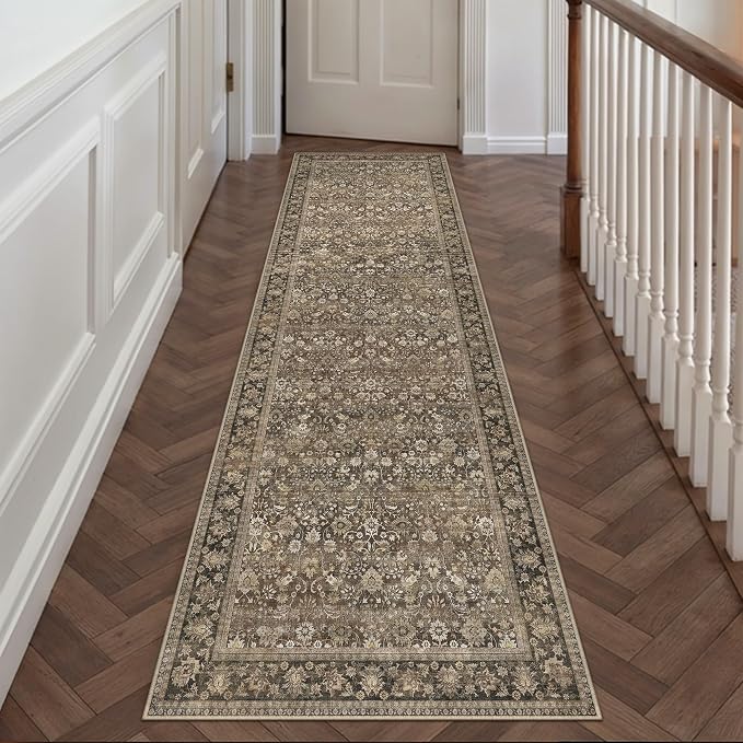 2 Piece 2x6/2x10 Washable Rug for Entryway | Brown Vintage Floral, Low Pile - Image 2