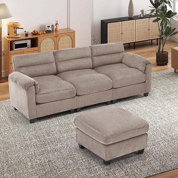 HAOMARKETS Corduroy 2-Piece Sofa Set, Upholstered Ottoman and 3-Seater Sofa - Image 6