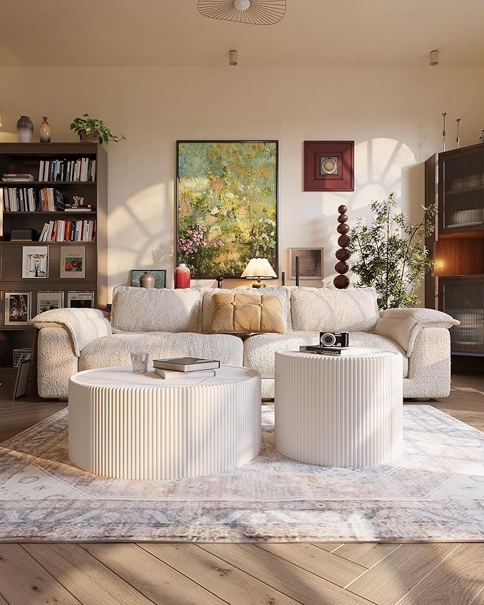 White Marble Coffee Table Set of 2, 29.52" Round Flued Coffee Table and End - Image 8