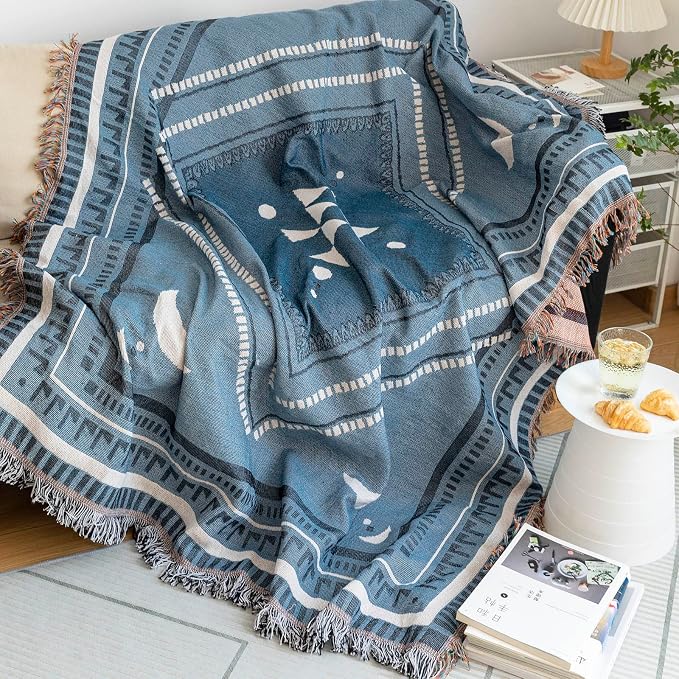 VClife Boho Sofa Couch Cover White Blue Plaid Stripe Couch Cover - Image 8