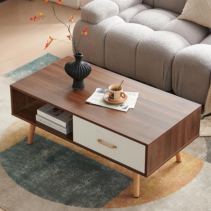 Coffee Table with Storage, Mid Century Boho Wood Center Table with Open Storage - Image 3