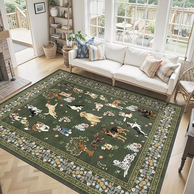 Dark Green Area Rug 5x7 for Living Room Bedroom | Ultra-Thin;Boho Style; Non - Image 2