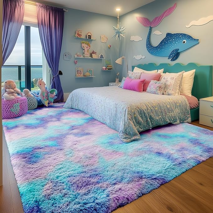 Adorable Rainbow Mermaid Rugs for Girls Bedroom Fluffy Purple Rug 3x5 Ft | - Image 4