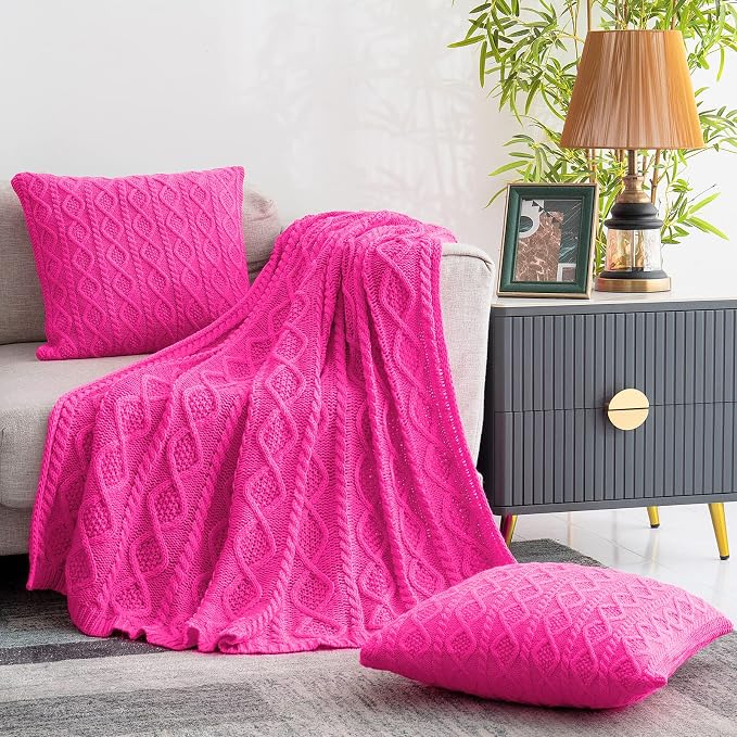 Homiest Hot Pink Cable Knit Throw Blanket Set of 3, Soft & Cozy Acrylic Blanket - Image 3
