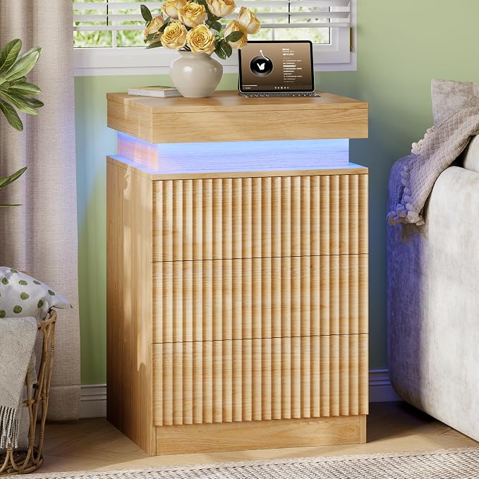 Xixini Nightstand with Charging Station and LED Lights, Fluted Night Stand with - Image 8