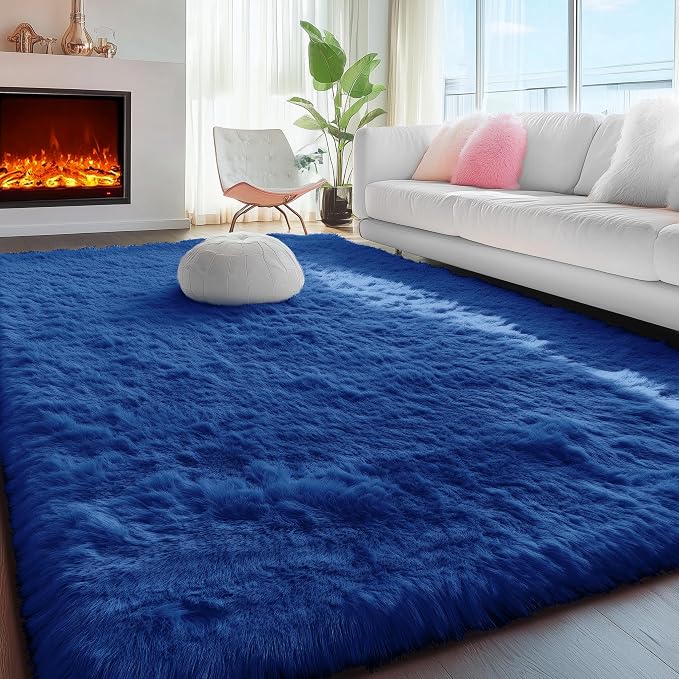 Navy Blue Rug 5x8 Ft, Fluffy Rugs - Image 5